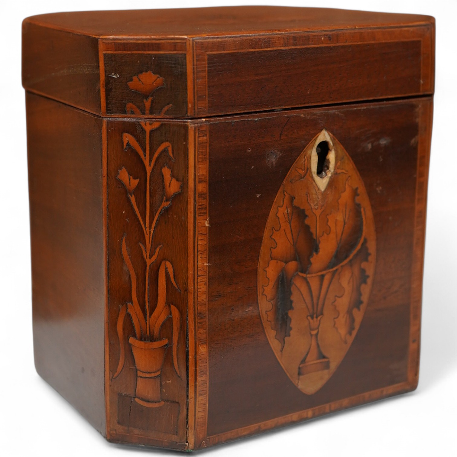 A George III Sheraton period mahogany and marquetry tea caddy, 12cm high